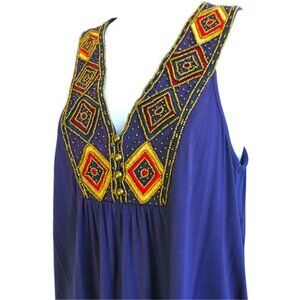 Brixon Ivy Beaded Embroidered Navy Blue Tank Blouse Sleeveless Swing Stretch S